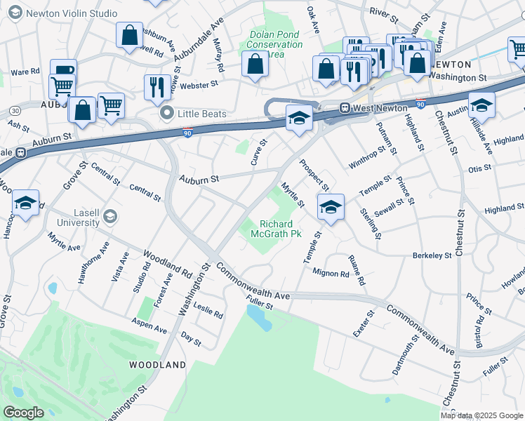 map of restaurants, bars, coffee shops, grocery stores, and more near 1600 Washington Street in Newton