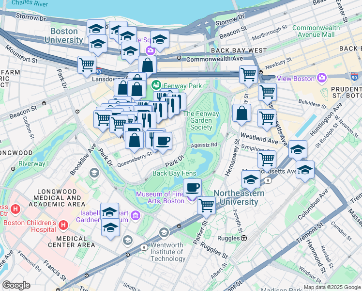 map of restaurants, bars, coffee shops, grocery stores, and more near 11 Queensberry Street in Boston