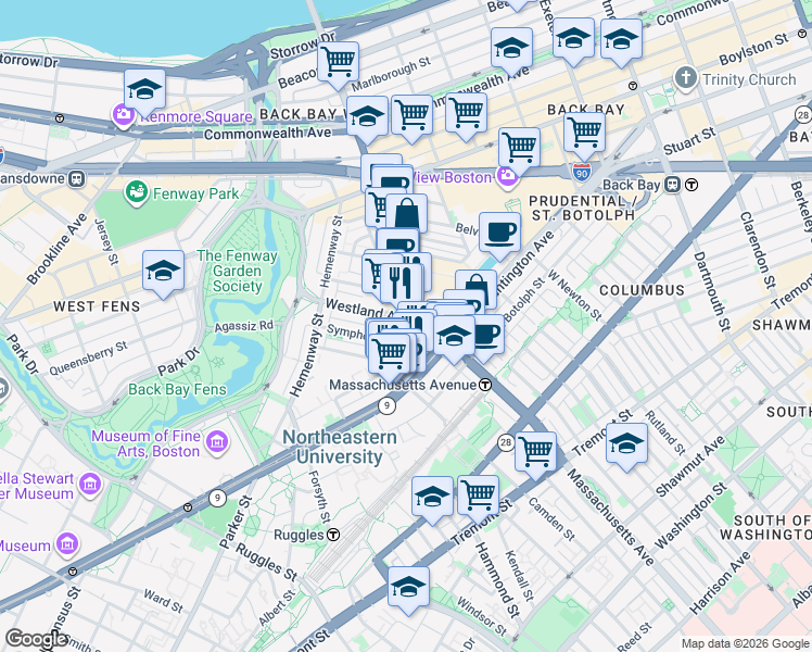 map of restaurants, bars, coffee shops, grocery stores, and more near in Boston
