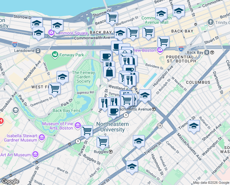 map of restaurants, bars, coffee shops, grocery stores, and more near in Boston