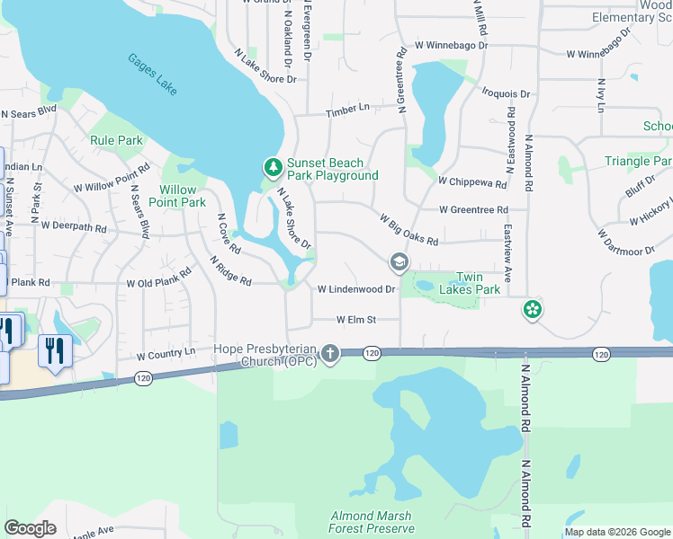 map of restaurants, bars, coffee shops, grocery stores, and more near 33077 North Tomahawk Place in Grayslake