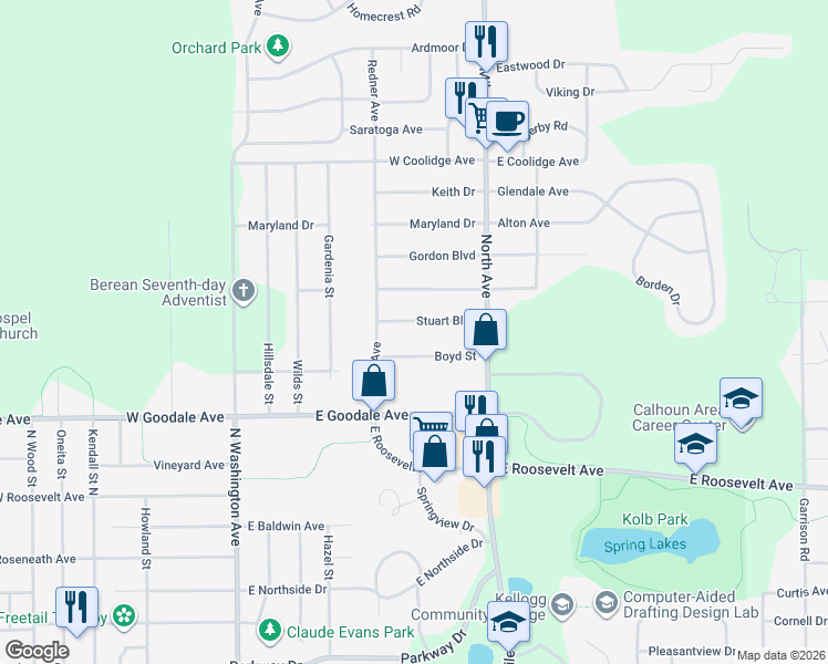 map of restaurants, bars, coffee shops, grocery stores, and more near 63 Stuart Boulevard in Battle Creek