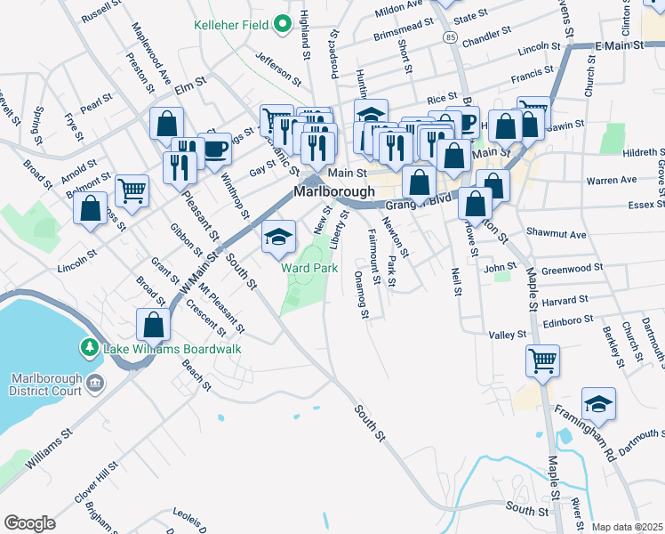 map of restaurants, bars, coffee shops, grocery stores, and more near 57 Orchard Street in Marlborough