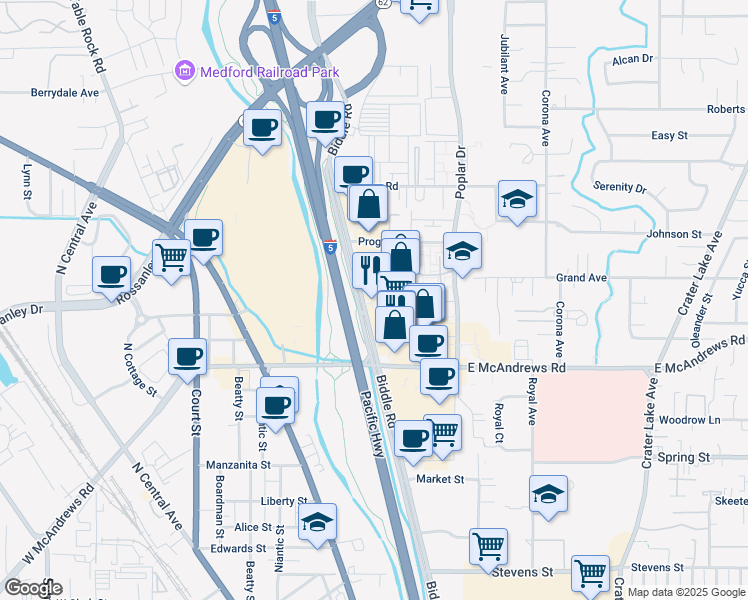 map of restaurants, bars, coffee shops, grocery stores, and more near 1408 Biddle Rd in Medford