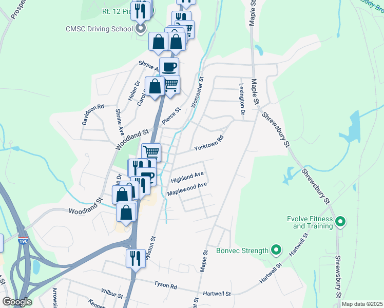 map of restaurants, bars, coffee shops, grocery stores, and more near 16 Yorktown Rd in West Boylston