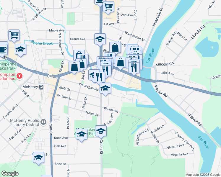map of restaurants, bars, coffee shops, grocery stores, and more near 3516 Waukegan Road in McHenry