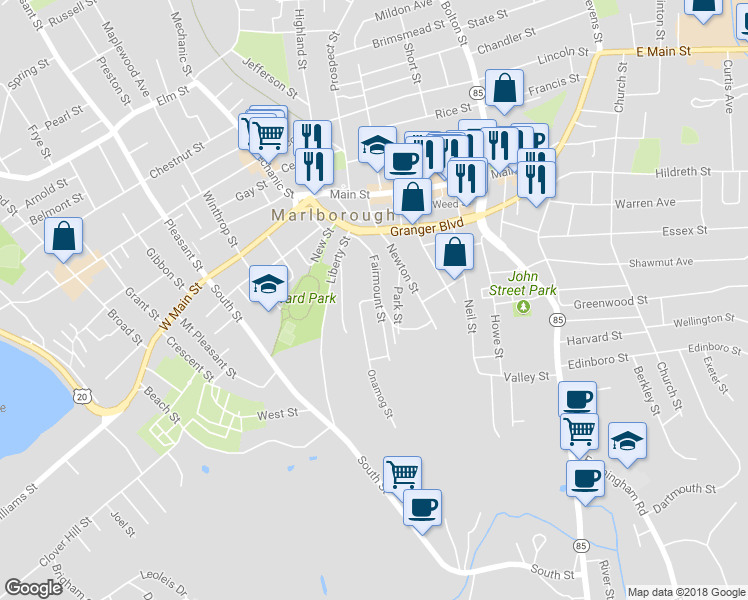 map of restaurants, bars, coffee shops, grocery stores, and more near 4 Onamog Street in Marlborough