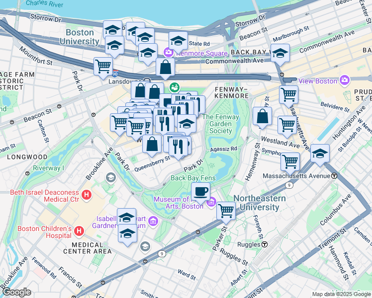 map of restaurants, bars, coffee shops, grocery stores, and more near 11 Queensberry Street in Boston
