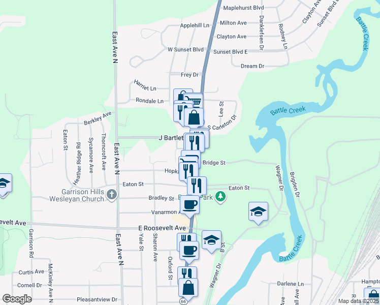map of restaurants, bars, coffee shops, grocery stores, and more near 1417 Capital Avenue Northeast in Battle Creek