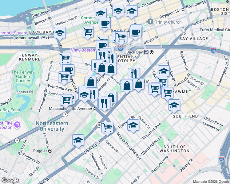 map of restaurants, bars, coffee shops, grocery stores, and more near 82 West Rutland Square in Boston