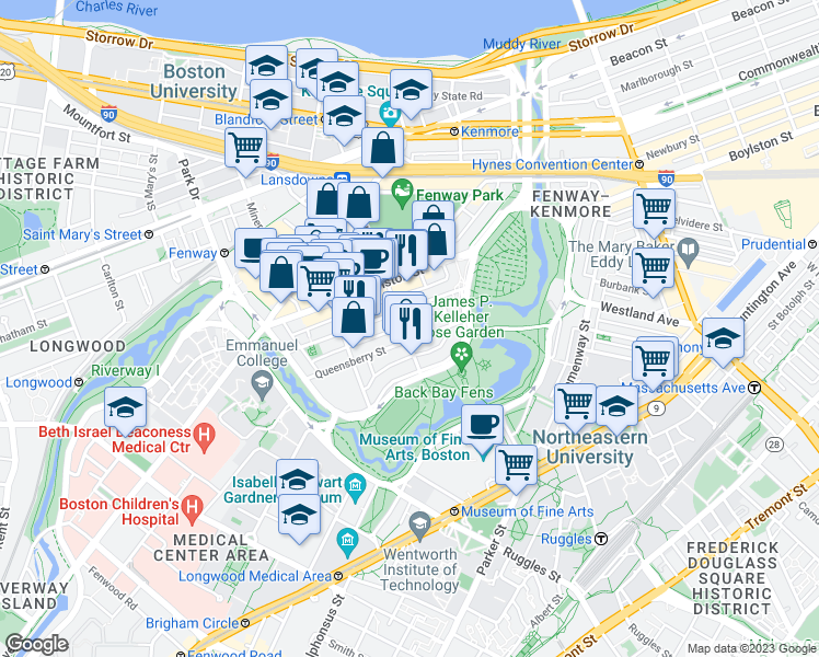 map of restaurants, bars, coffee shops, grocery stores, and more near 108 Jersey Street in Boston