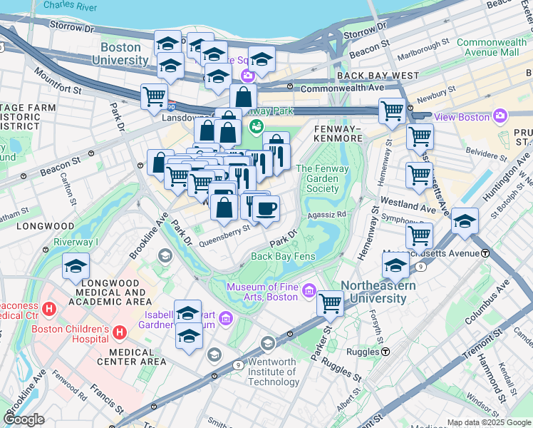 map of restaurants, bars, coffee shops, grocery stores, and more near 35 Queensberry Street in Boston
