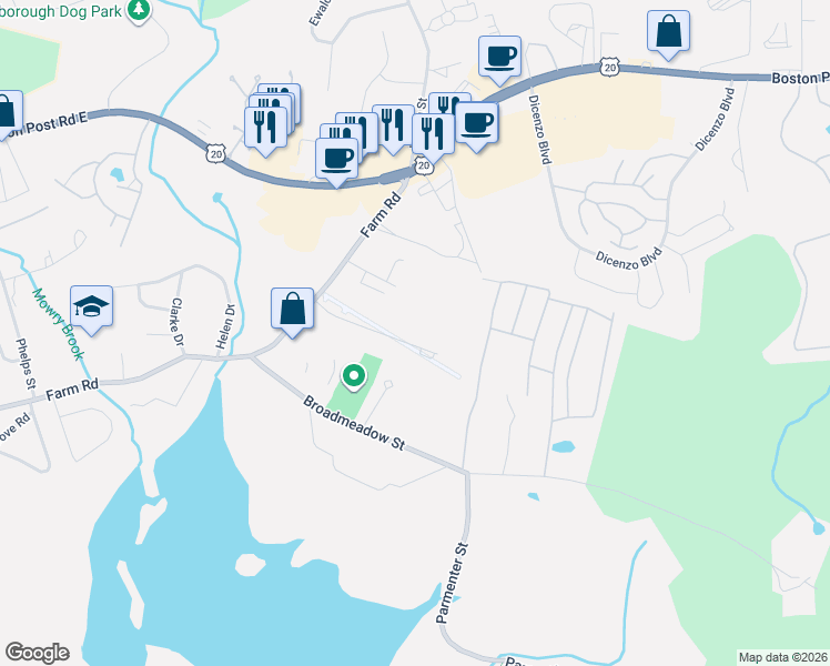 map of restaurants, bars, coffee shops, grocery stores, and more near 88 Airport Boulevard in Marlborough