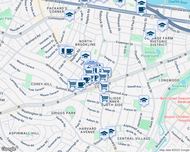 map of restaurants, bars, coffee shops, grocery stores, and more near 301 Harvard Street in Brookline
