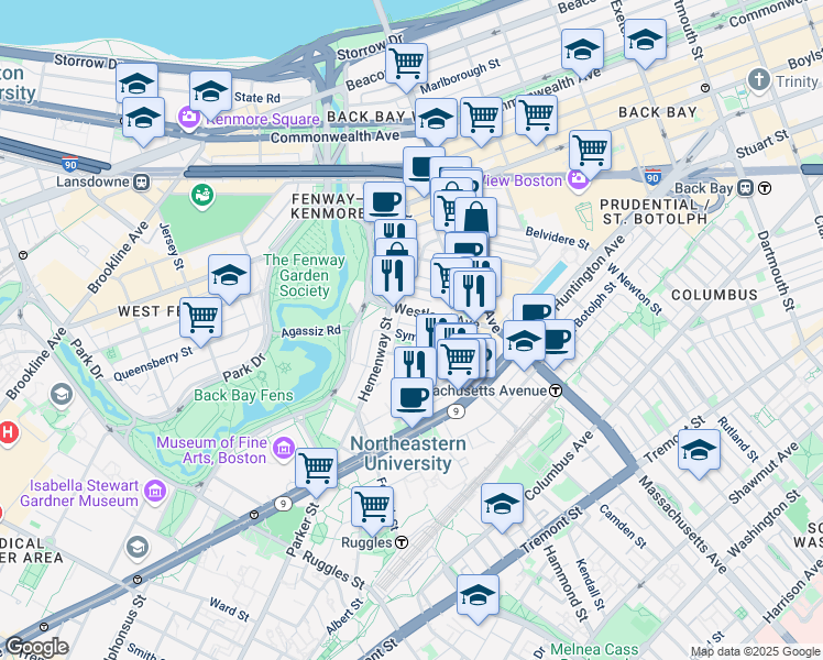 map of restaurants, bars, coffee shops, grocery stores, and more near in Boston