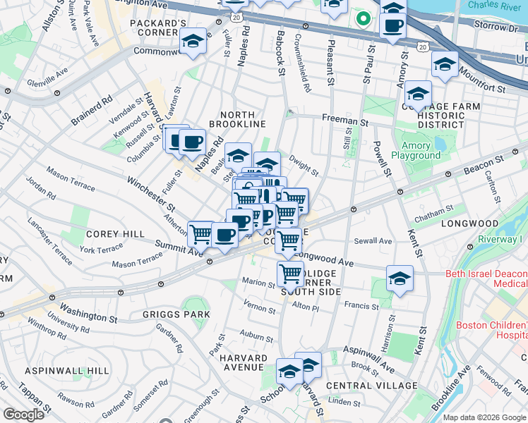 map of restaurants, bars, coffee shops, grocery stores, and more near 301 Harvard Street in Brookline