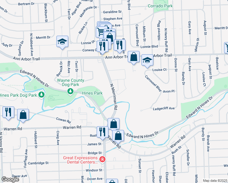 map of restaurants, bars, coffee shops, grocery stores, and more near 7560 North Merriman Road in Westland