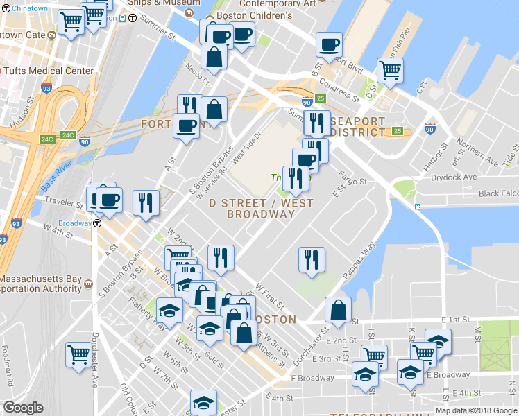 map of restaurants, bars, coffee shops, grocery stores, and more near 1-99 Bullock St in Boston