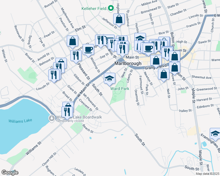 map of restaurants, bars, coffee shops, grocery stores, and more near 57 Orchard St in Marlborough