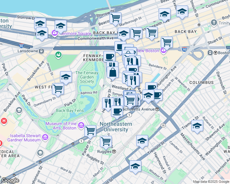 map of restaurants, bars, coffee shops, grocery stores, and more near in Boston