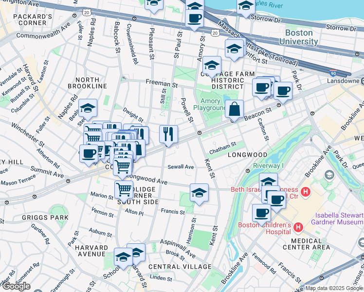 map of restaurants, bars, coffee shops, grocery stores, and more near 1187 Beacon Street in Brookline