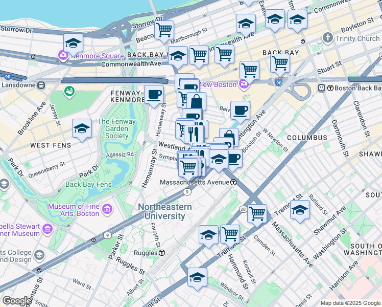 map of restaurants, bars, coffee shops, grocery stores, and more near in Boston