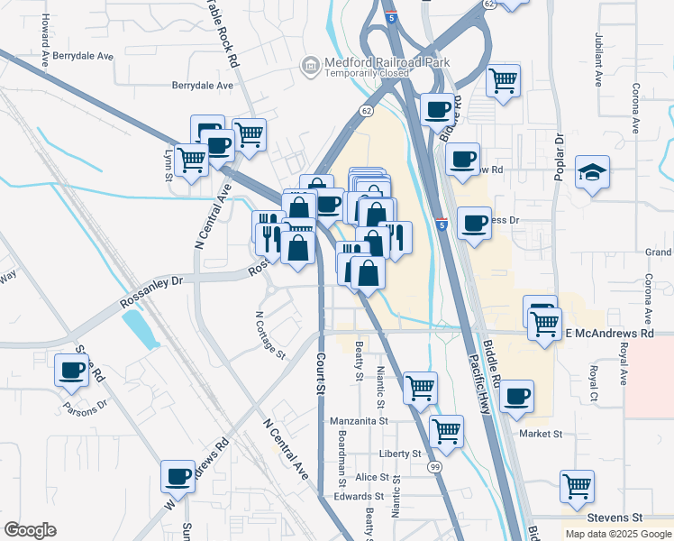map of restaurants, bars, coffee shops, grocery stores, and more near 1314 Court St in Medford