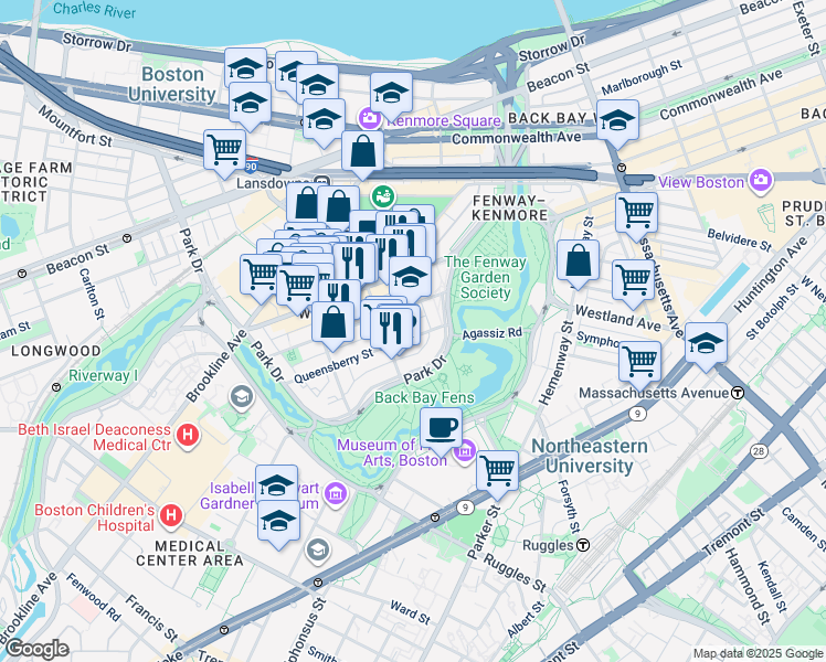map of restaurants, bars, coffee shops, grocery stores, and more near 11 Queensberry Street in Boston