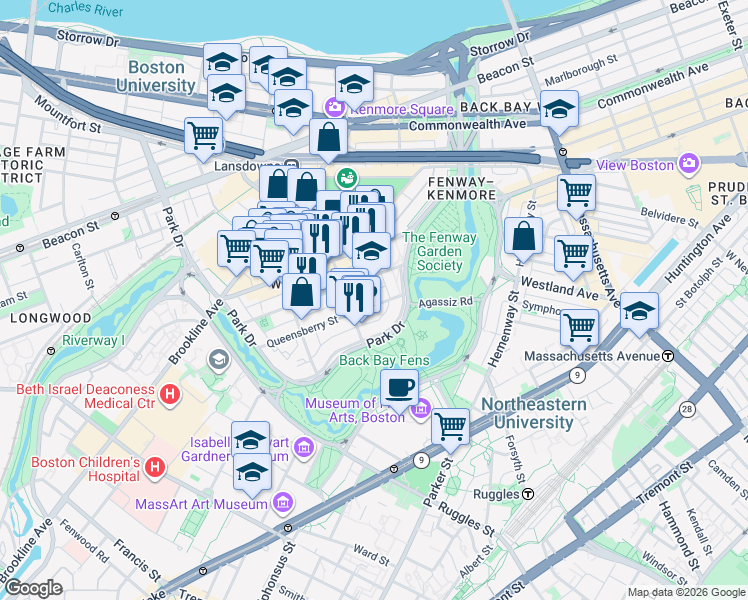 map of restaurants, bars, coffee shops, grocery stores, and more near 25 Queensberry Street in Boston