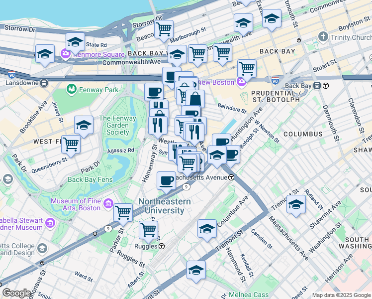 map of restaurants, bars, coffee shops, grocery stores, and more near 29 Symphony Road in Boston