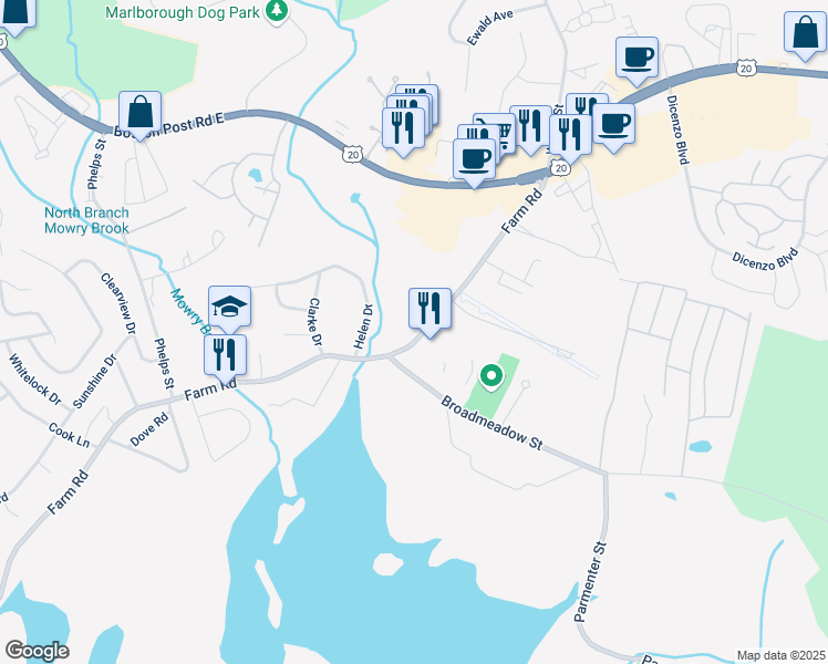 map of restaurants, bars, coffee shops, grocery stores, and more near 656 Farm Road in Marlborough