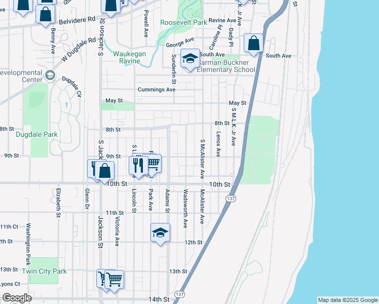 map of restaurants, bars, coffee shops, grocery stores, and more near 849 Wadsworth Avenue in Waukegan