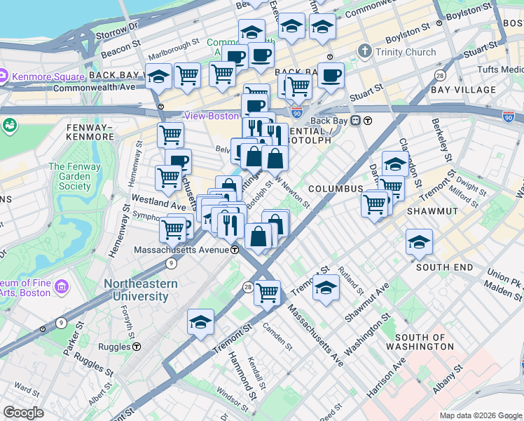 map of restaurants, bars, coffee shops, grocery stores, and more near in Boston