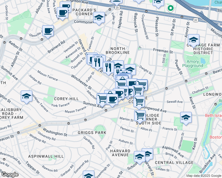 map of restaurants, bars, coffee shops, grocery stores, and more near 75 Centre Street in Brookline