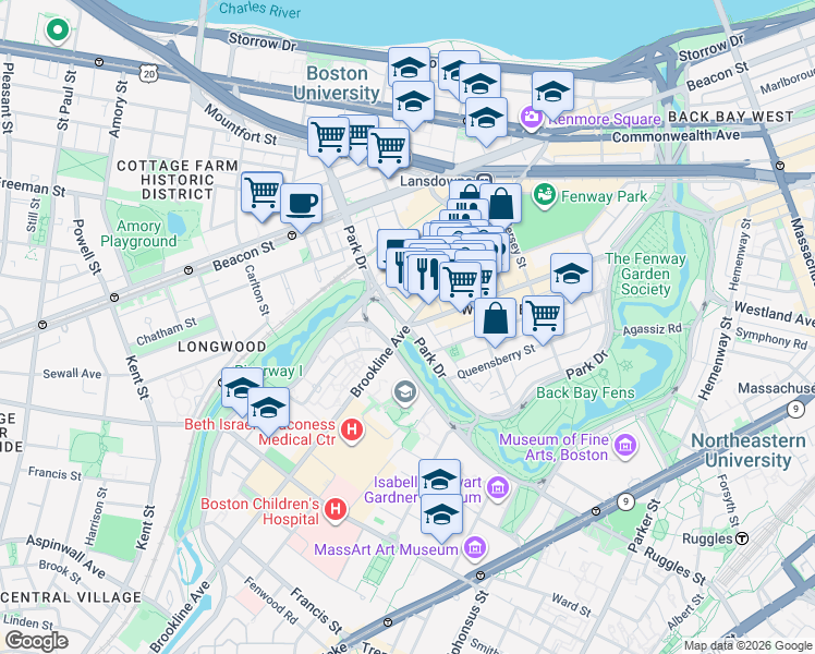 map of restaurants, bars, coffee shops, grocery stores, and more near Boylston Street in Boston