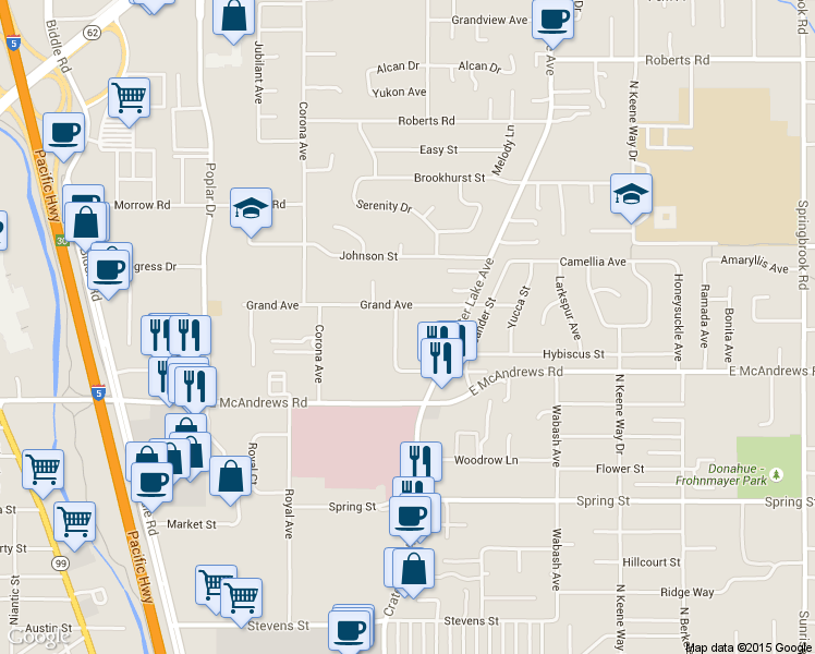 map of restaurants, bars, coffee shops, grocery stores, and more near 1325 Covina Avenue in Medford