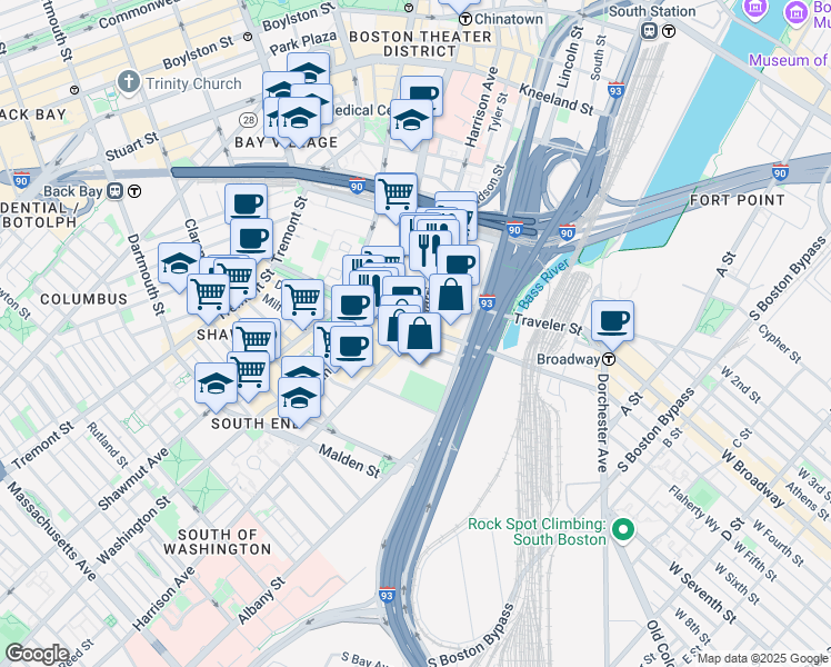 map of restaurants, bars, coffee shops, grocery stores, and more near 219 East Berkeley Street in Boston