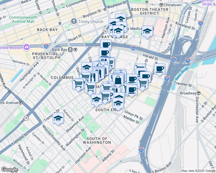 map of restaurants, bars, coffee shops, grocery stores, and more near 3 Hanson Street in Boston