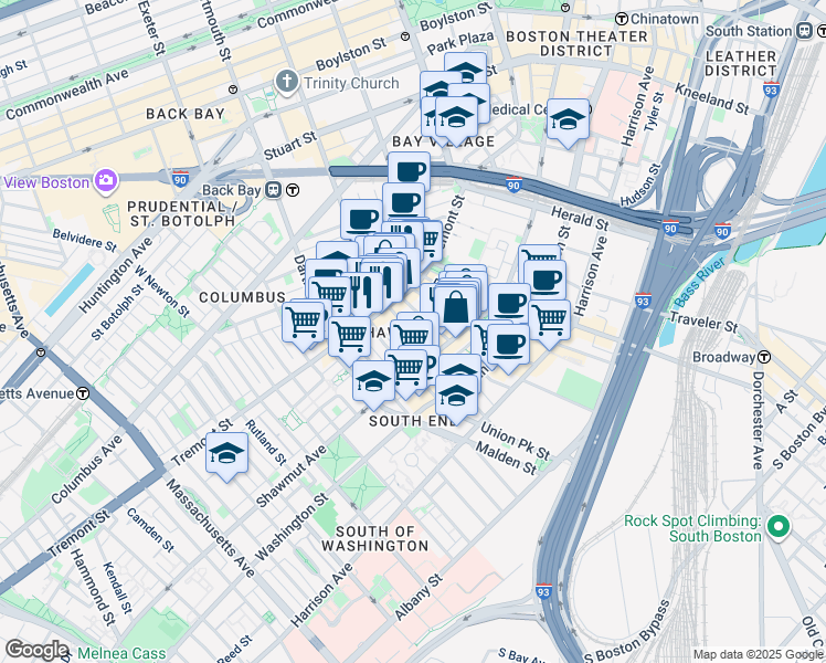 map of restaurants, bars, coffee shops, grocery stores, and more near 3 Hanson Street in Boston