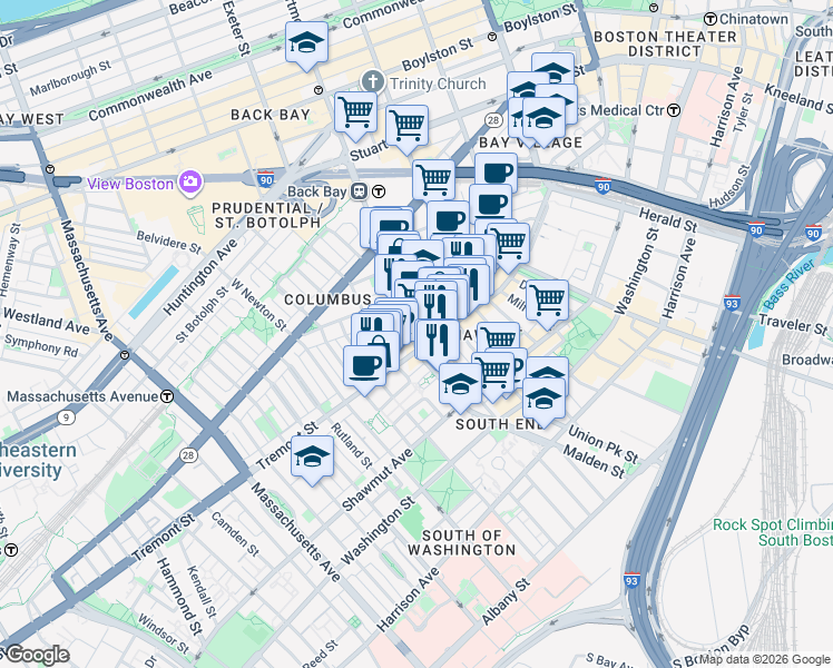 map of restaurants, bars, coffee shops, grocery stores, and more near 7 Dartmouth Street in Boston