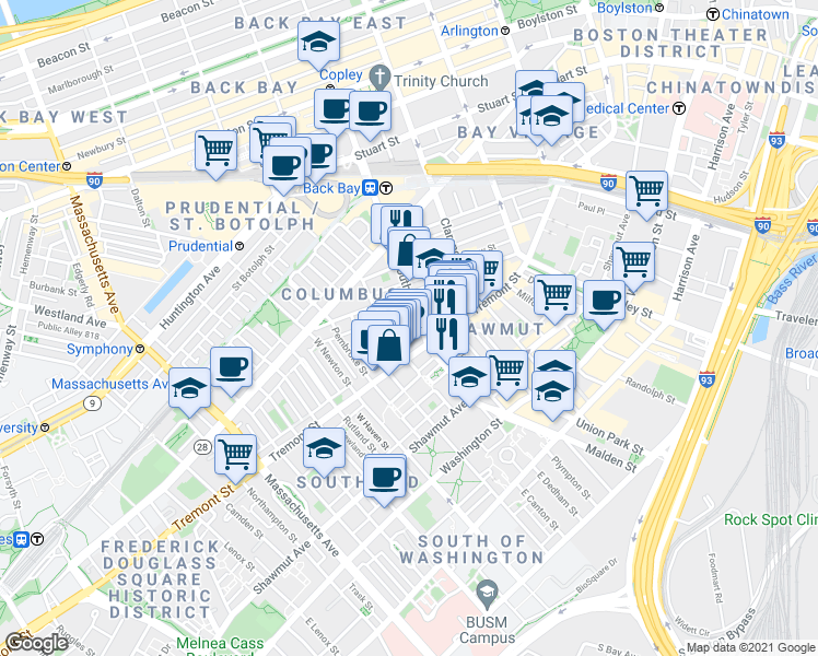 map of restaurants, bars, coffee shops, grocery stores, and more near 7 Dartmouth Street in Boston