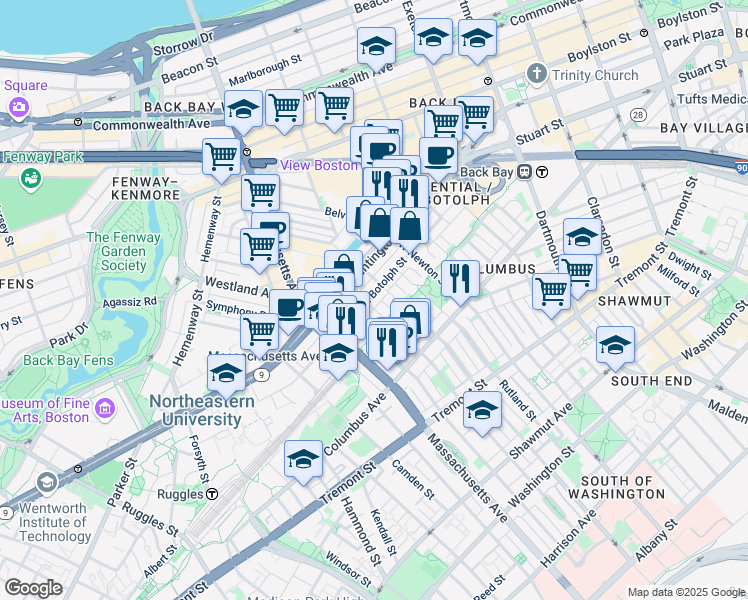 map of restaurants, bars, coffee shops, grocery stores, and more near in Boston