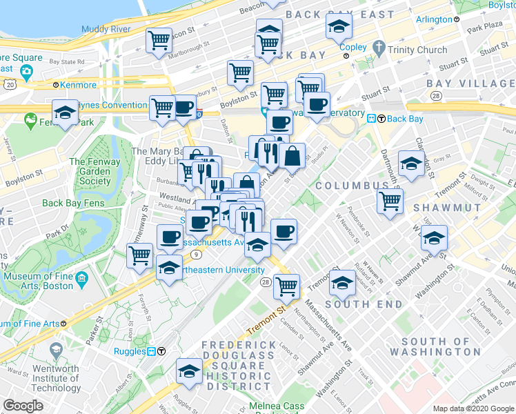 map of restaurants, bars, coffee shops, grocery stores, and more near 200-220 Huntington Avenue in Boston