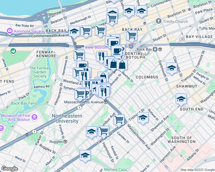 map of restaurants, bars, coffee shops, grocery stores, and more near 200-220 Huntington Avenue in Boston