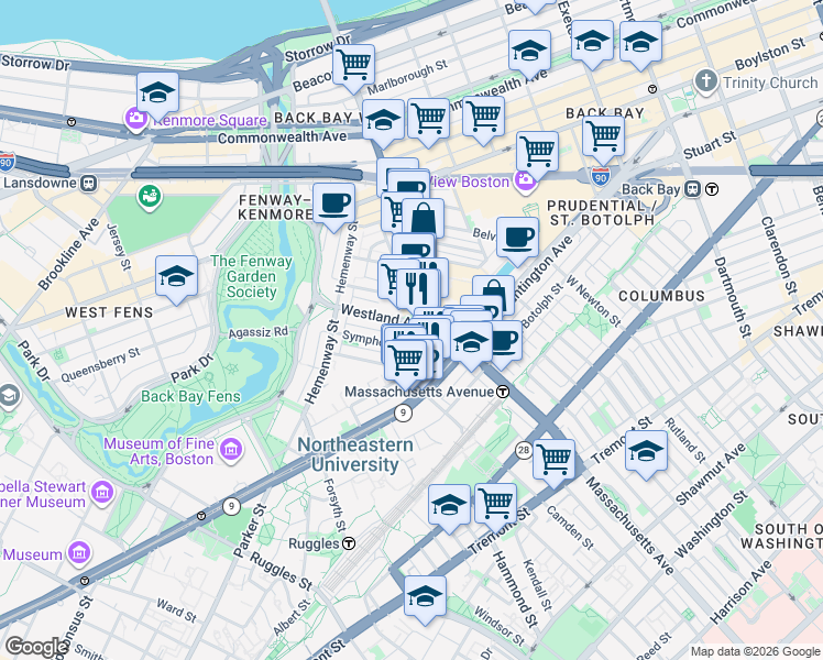 map of restaurants, bars, coffee shops, grocery stores, and more near in Boston