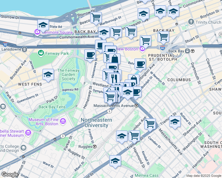 map of restaurants, bars, coffee shops, grocery stores, and more near 279 Massachusetts Avenue in Boston