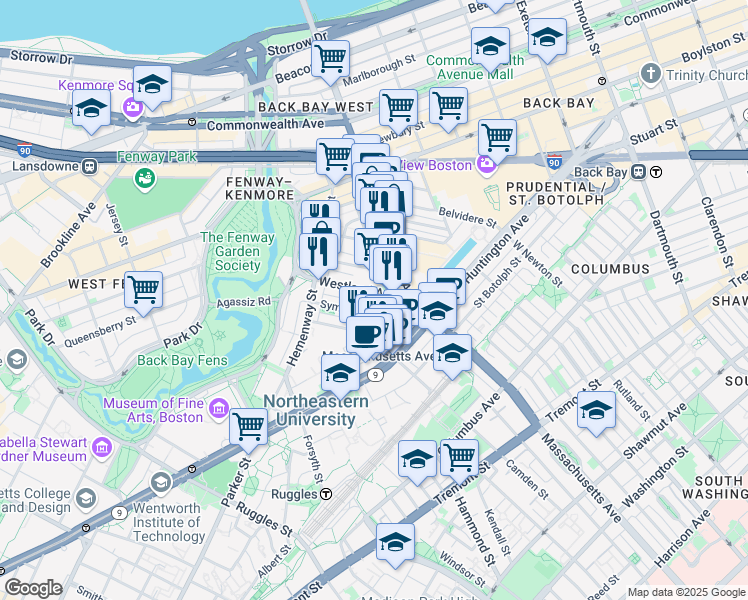 map of restaurants, bars, coffee shops, grocery stores, and more near 29 Symphony Road in Boston