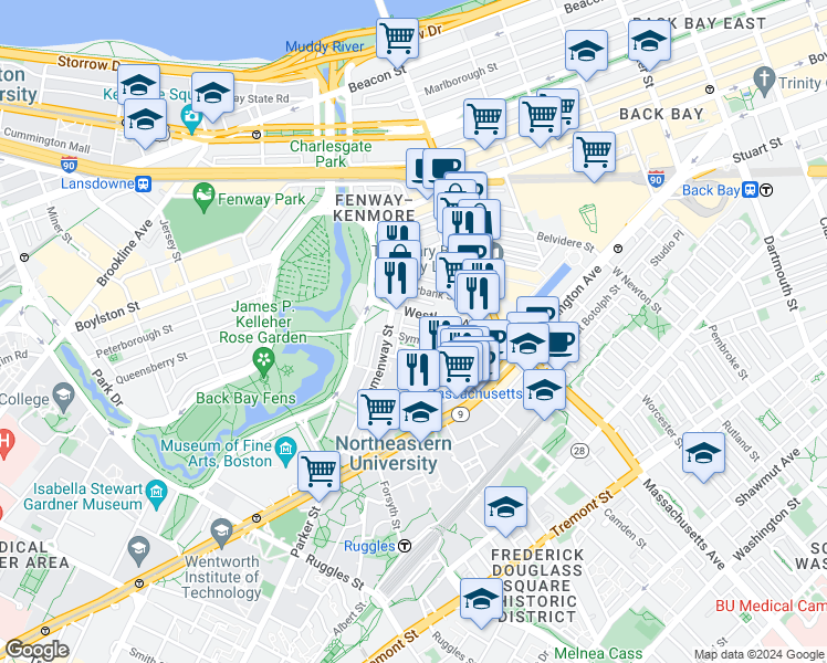map of restaurants, bars, coffee shops, grocery stores, and more near in Boston