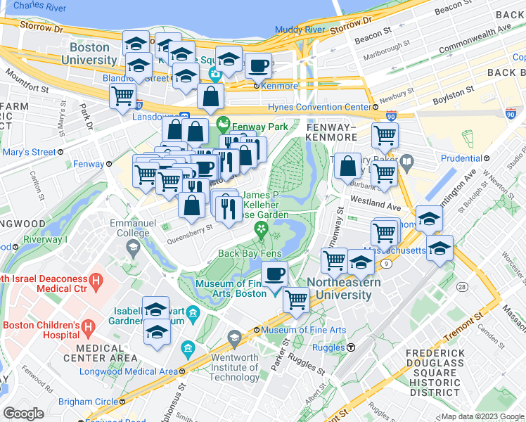 map of restaurants, bars, coffee shops, grocery stores, and more near 11 Queensberry Street in Boston