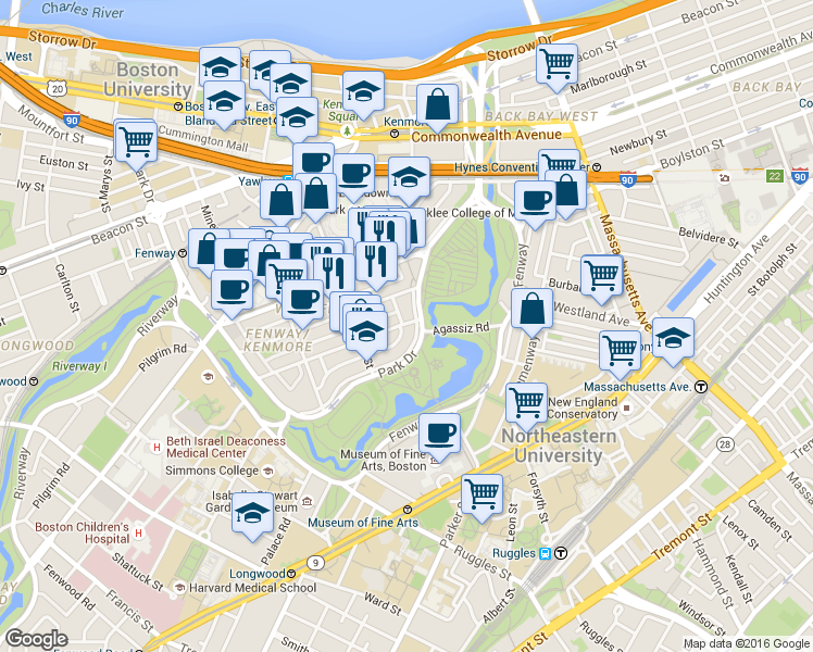 map of restaurants, bars, coffee shops, grocery stores, and more near 11 Queensberry Street in Boston